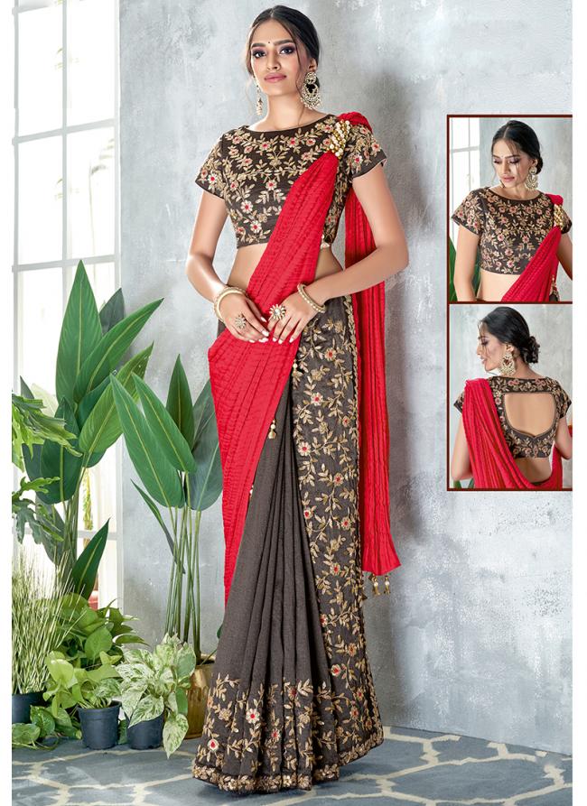 Silk Georgette Red Wedding Wear Embroidery Work Ready To Wear Saree